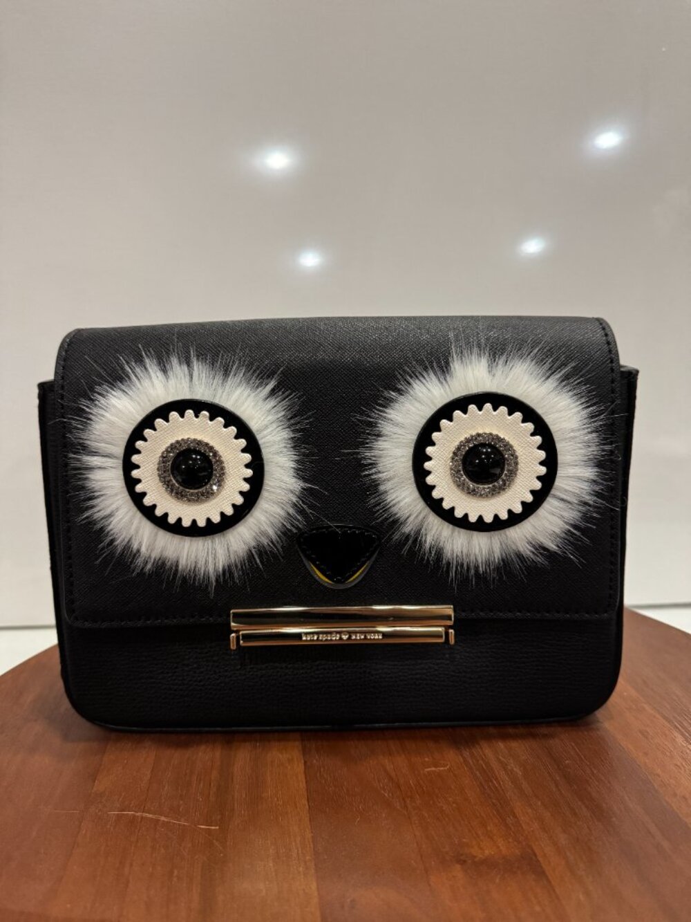 Kate Spade Dashing Beauty Penguin Black Leather Crossbody Faux Fur Jewel Accent